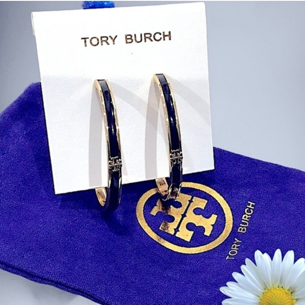 Tory Burch Black and Gold Hoop Earrings